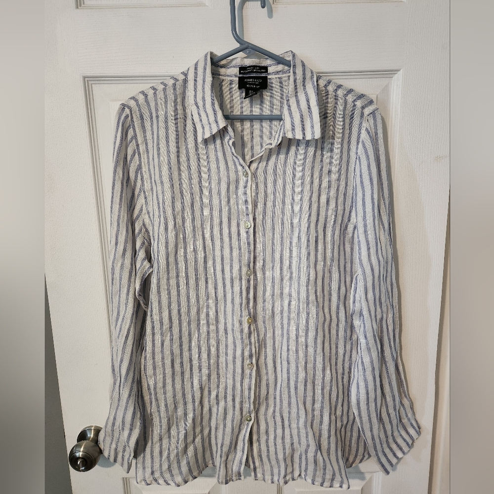 Jones & Co Buttons Striped Shirt Linen Women's Large White & Blue Beach Summer